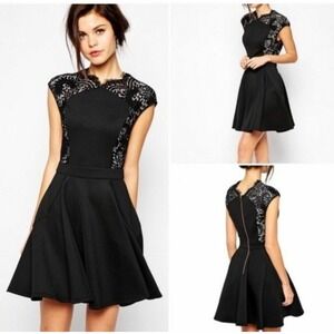 Ted Baker Vivace Lace Shoulder Scuba Fit & Flare Dress, Black, Light Pink, Sz 10